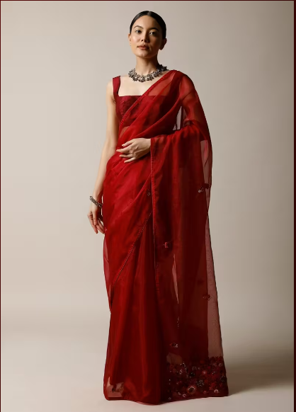 Apple Red Saree In Organza With Bud Embroidered Floral Buttis And Pallu Along With Unstitched Blouse