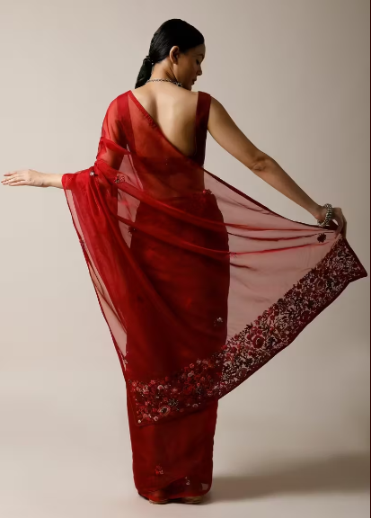 Apple Red Saree In Organza With Bud Embroidered Floral Buttis And Pallu Along With Unstitched Blouse