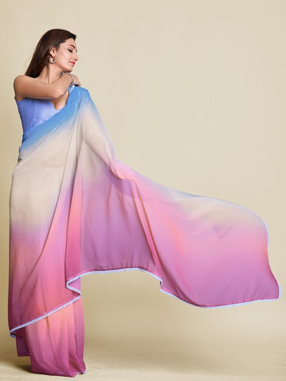 Pink & White Ombre Pure Chiffon Saree