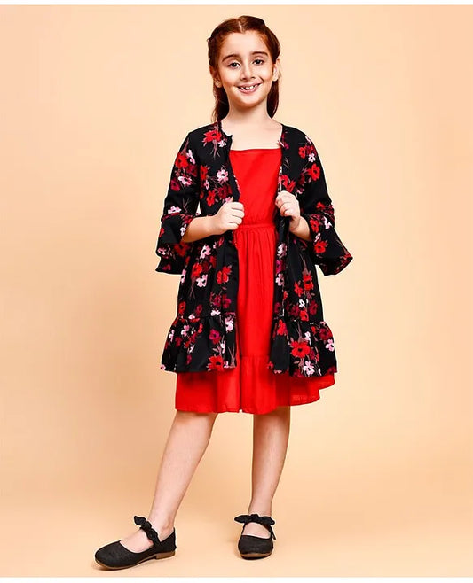 Cotton Full Sleeves Printed Shrug With Solid Fit&Flare Midi Dress - Red