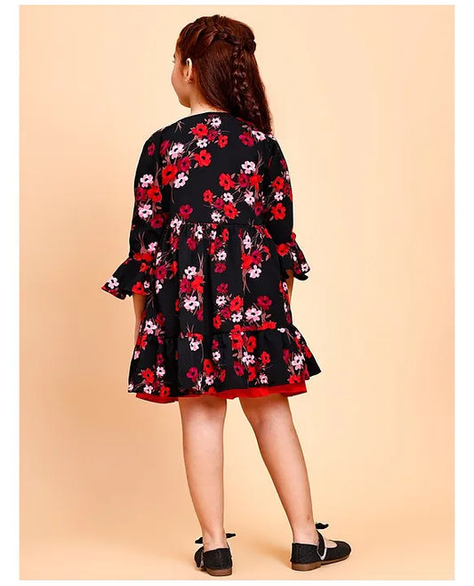 Cotton Full Sleeves Printed Shrug With Solid Fit&Flare Midi Dress - Red