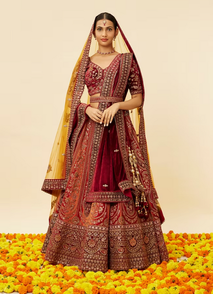 Cherry red and Sunrise Orange Rhinestone Work Bridal Lehenga