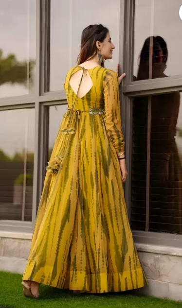 MAMADEV  Women Gown Yellow, Dark Green Dress