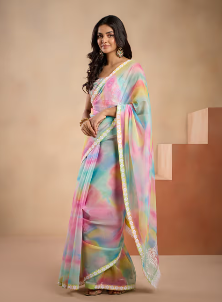 Lavendare Multi-Color Printed Butterfly Embroidered Saree