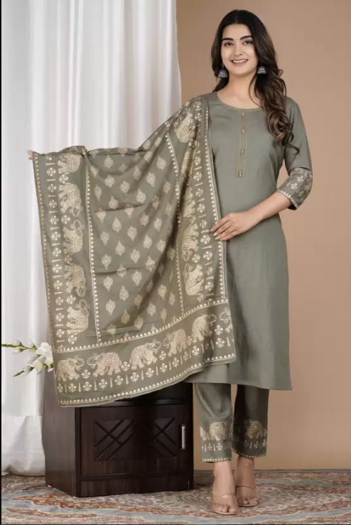 Women Cotton Rayon Kurta Pant Dupatta Set