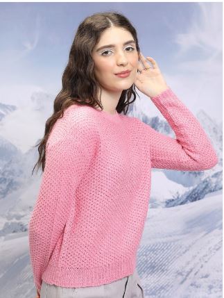 Tokyo Talkies Self Design Round Neck Casual Women Pink Sweater