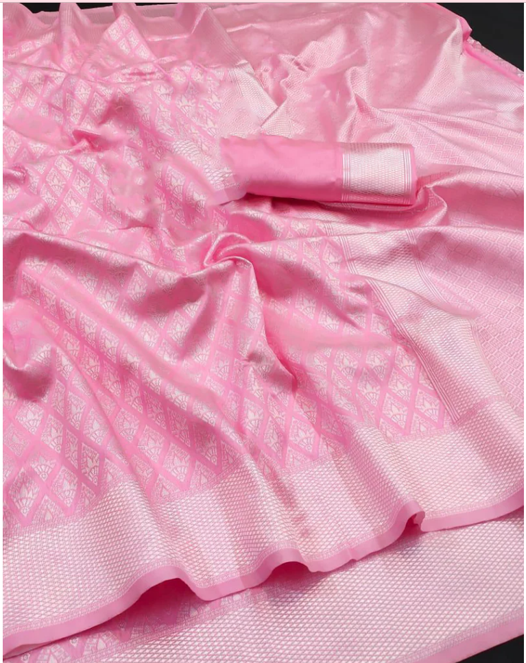 Baby Pink Soft Lichi Silk Saree With Zari Weaving Work