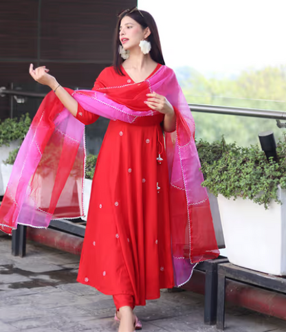 Red Embroidered Handworked Angarkha Pant with Dupatta