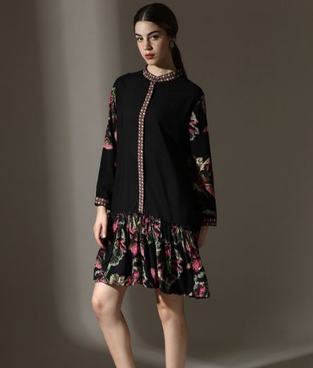 Dora Dori Floral Digital Printed Mandarin Collar Cuffed Sleeves Dress