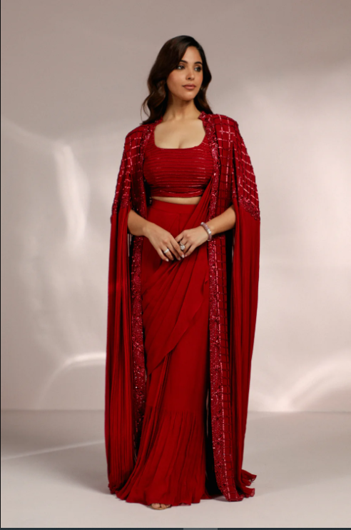 RED LONG CAPE DRAPE SAREE