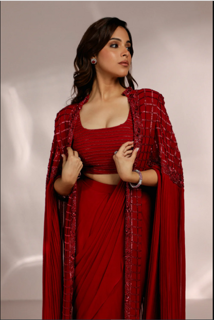 RED LONG CAPE DRAPE SAREE