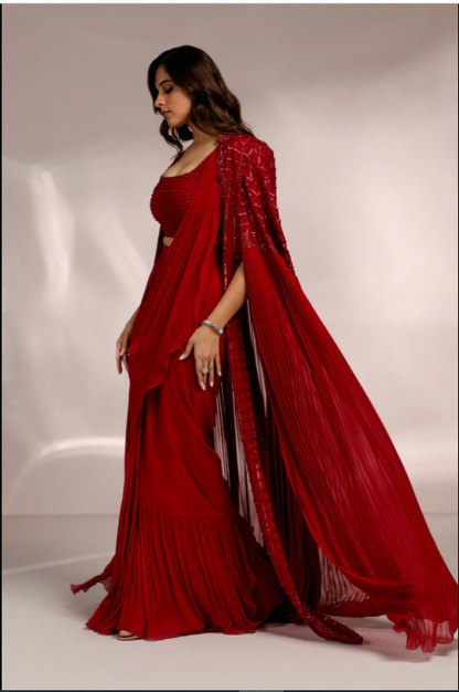 RED LONG CAPE DRAPE SAREE