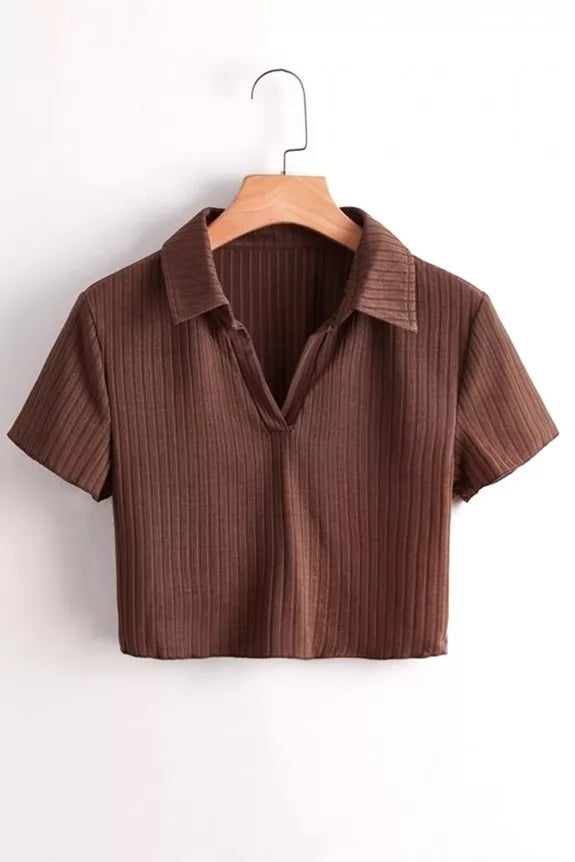 Cinnamon brown collar crop top