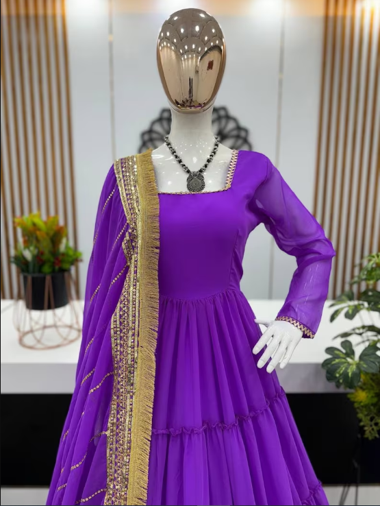 Purple Blue Georgette Anarkali suit moti work for Women