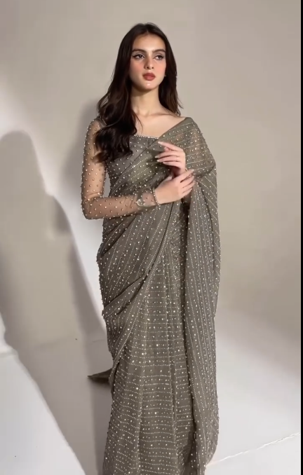 Fashionable Siroski Dimond work Grey Saree