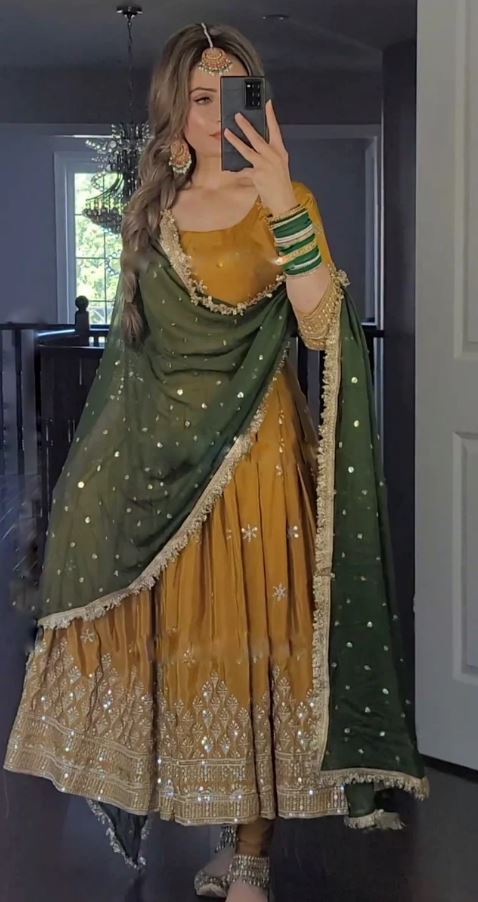 Mustered Color Anarkali Gown With Green Dupatta