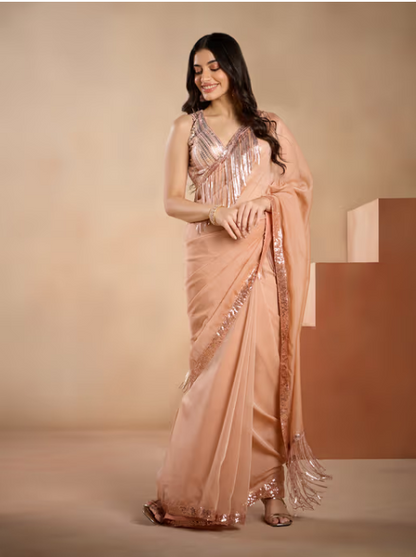 Peach Sequin Embellished with Fringe Detail Saree