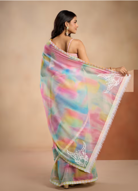 Lavendare Multi-Color Printed Butterfly Embroidered Saree