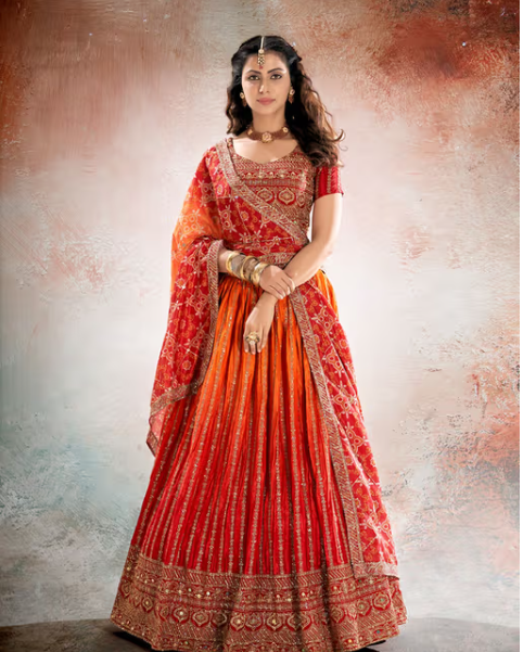 Red & Orange Semi Stitched Lehenga and Unstitched Choli with Dupatta