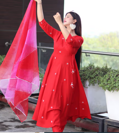 Red Embroidered Handworked Angarkha Pant with Dupatta