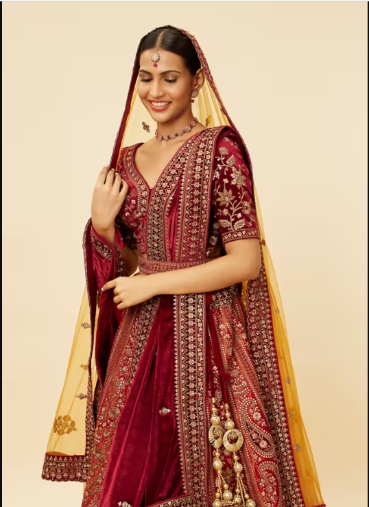 Cherry red and Sunrise Orange Rhinestone Work Bridal Lehenga