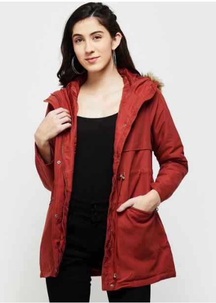 Women Red Brown Longline Parka Jacket