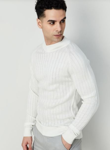 Sania Solid High Neck Casual Men White Sweater