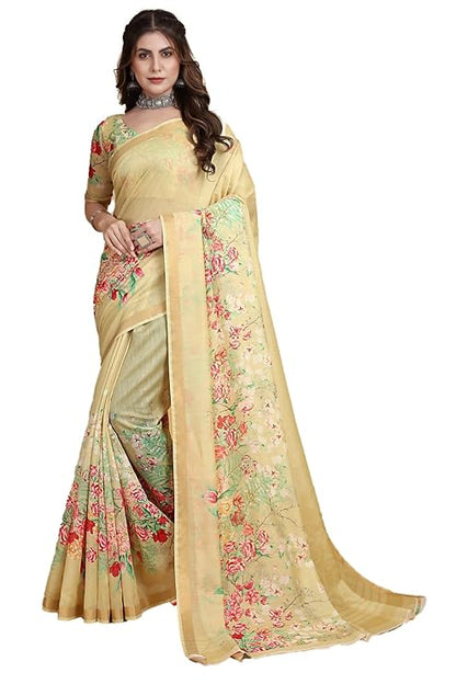 NK Textiles Women's Plain with Floral Print Panel & Zari Border Linen Cotton Saree with Blouse