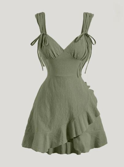 Ruffle Wrap V Neck Short Sleeve Tie Knot Short Dress In Green