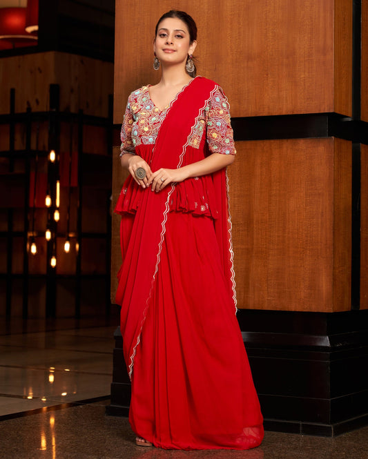 RED EMBROIDERED GEORGETTE PRE DRAPE SAREE SET