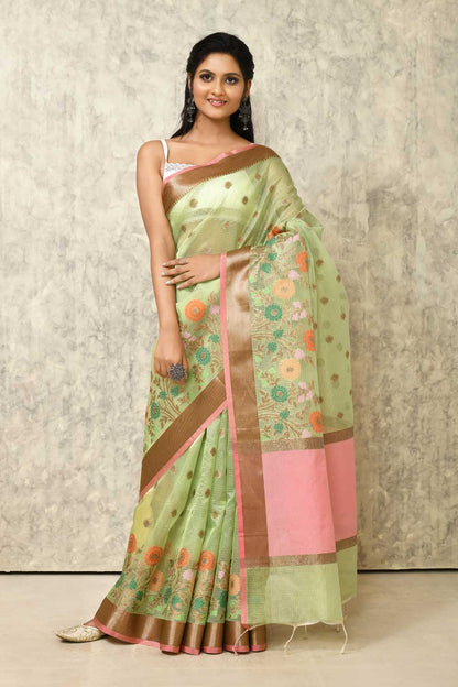 Pista Green Cotton Kota Check Banarasi Handloom Saree