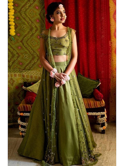 Mehendi green zurich silk sequence and zari work ceremonial lehenga choli with koti