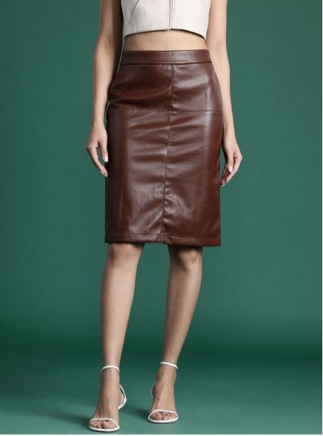 AIZA N AIZAL Faux Leather Women's Side Slit Skirt Sleek and Stylish Addition Skirts for Women's Tan Color with Side Zipper