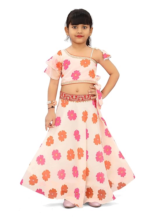 rawah Kids Girls Beautiful Georgette Silk Lehenga Choli | Embroidered Full Stitched Lehenga Set (Suitable For Girls 2 To 8 Years