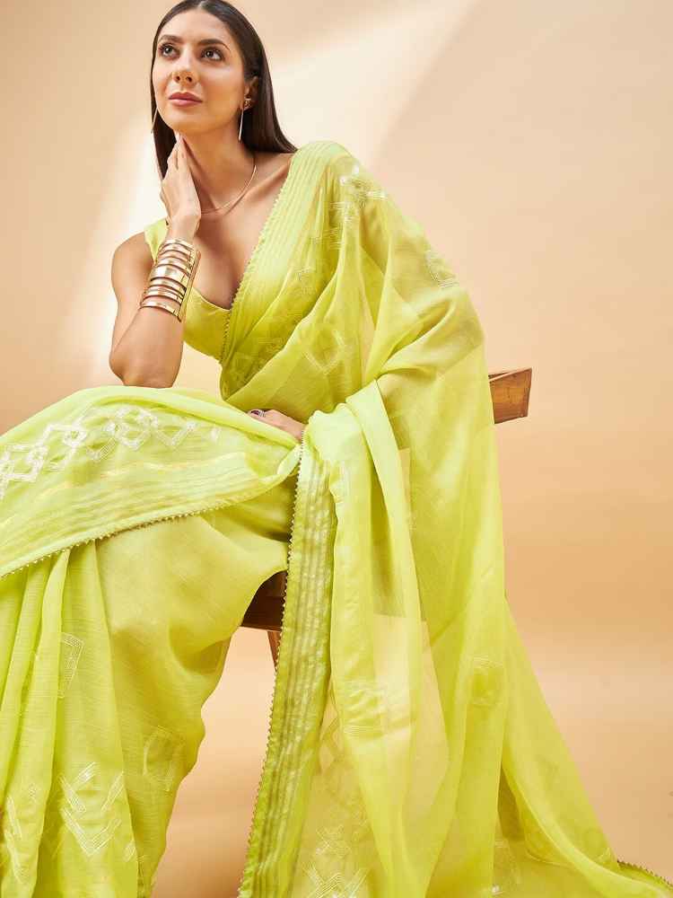 all about you Lime Green Embroidered Pure Chiffon Saree