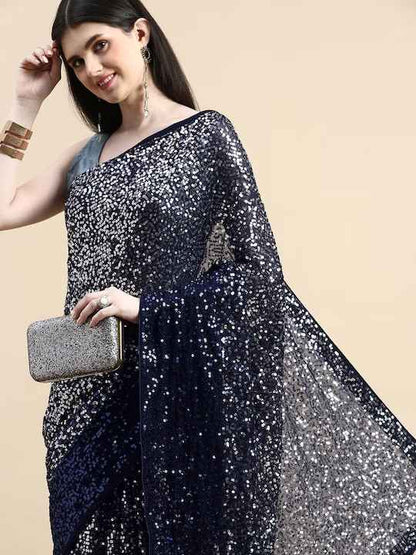 HERE&NOW Embellished Sequinned Pure Georgette Saree