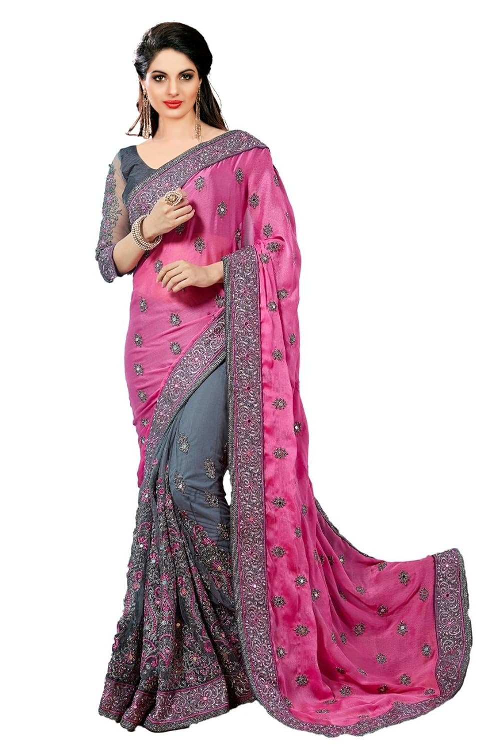 Nivah Fashion Women's Satin Net Embroidery Mirror Work half half Saree With Blouse Piece