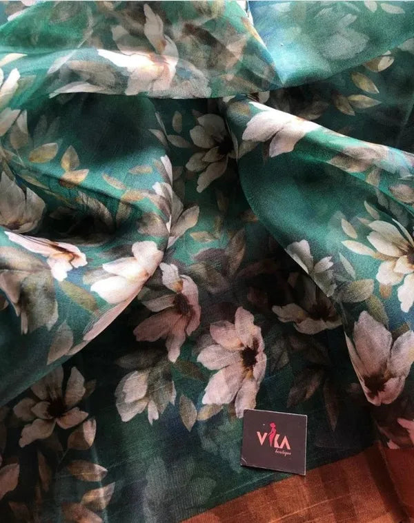 Teal Color Floral Printed Linen Cotton Saree With Prodigal Blouse Piece 