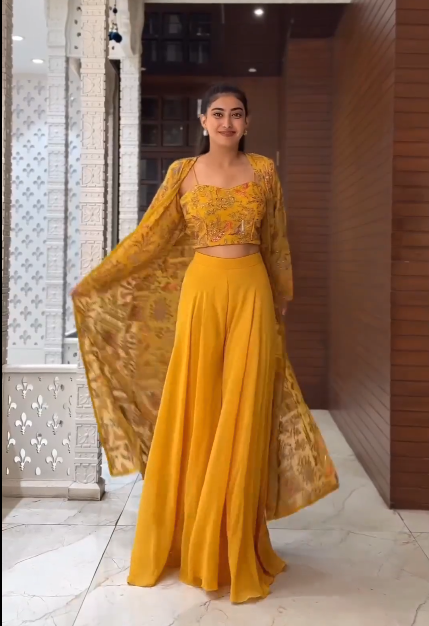 yellow georgette palazzo with embroidered crop top and a long Gerogette jacket