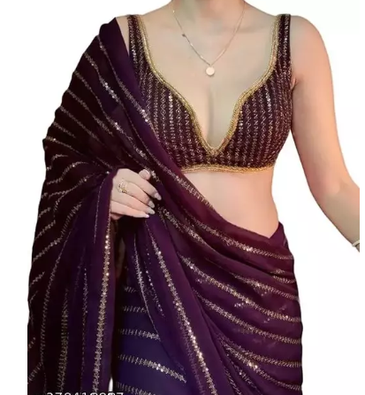 BRAHMSHAKTI Womens Georgett Embroidered Saree With Blouse Piece