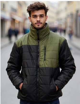 Men's Black & Green Color Block Over sized Puffer Jacket