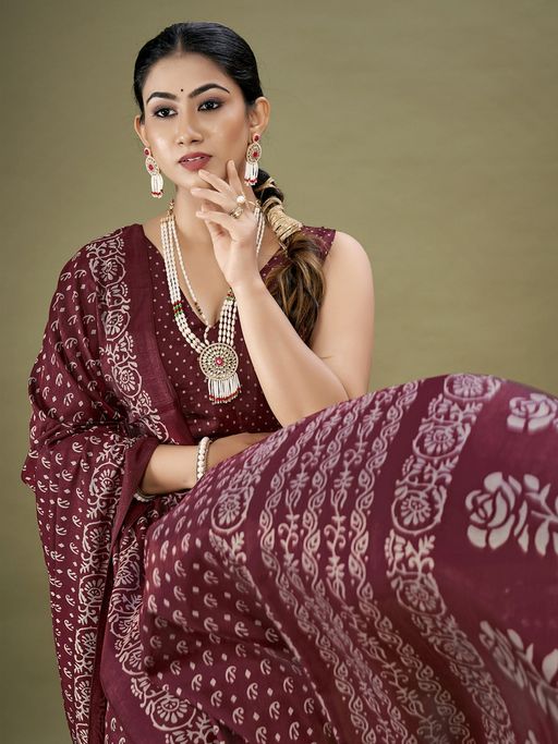 Womens Dola Silk Maroon Printed Designer Saree with Unstitched Blouse Piece