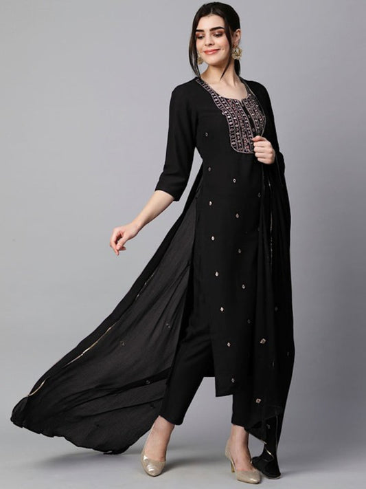 Women Ethnic Motifs Embroidered Regular Kurta With Trousers & Dupatta