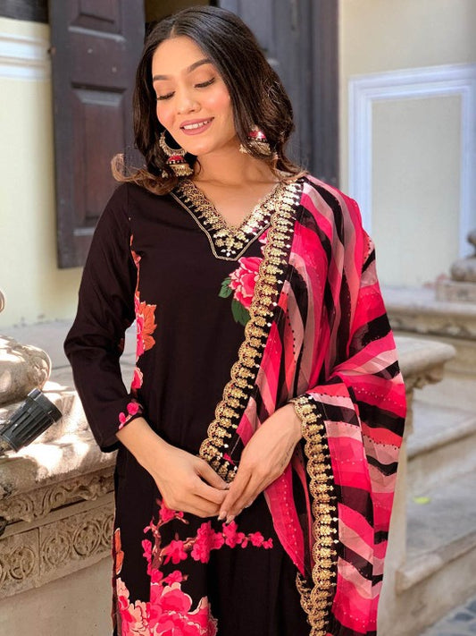 Floral Printed V-Neck Regular Gotta Patti Kurta ,Trousers & Dupatta