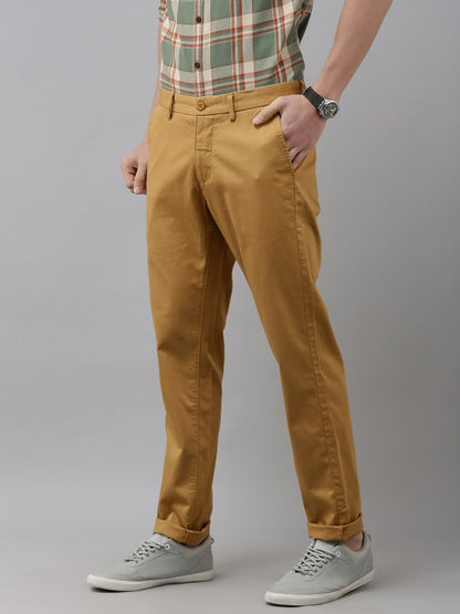 Men Khaki Solid Mid-Rise Regular Trousers