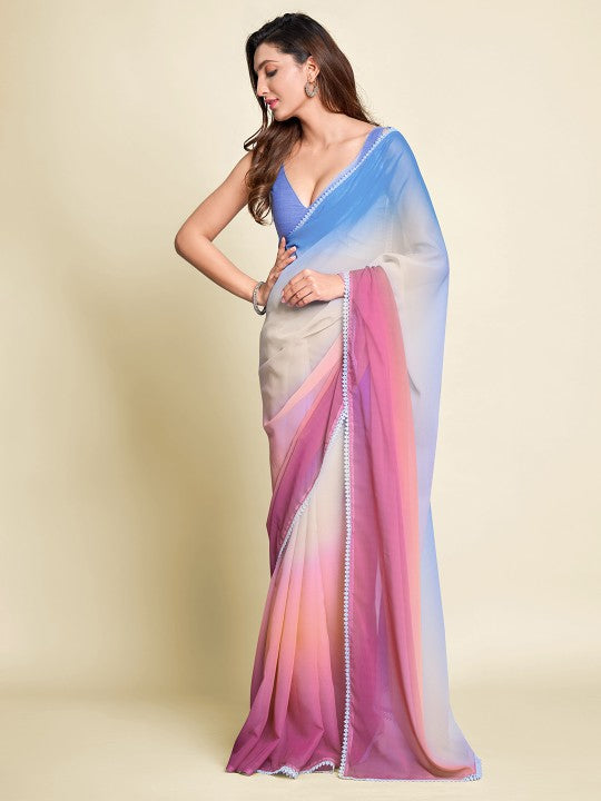 Pink & White Ombre Pure Chiffon Saree