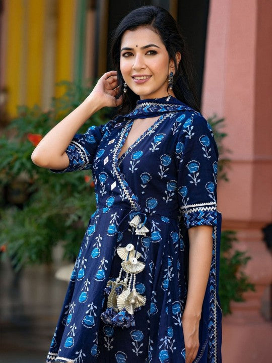 HEBA Floral Printed V-Neck Three-Quarter Sleeves Kurta with Palazzos & With Dupatta