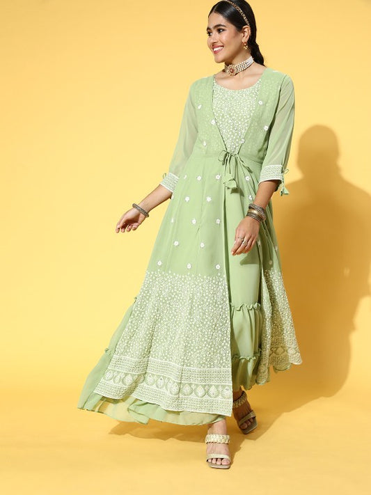 Light Green Georgette Embroidery Partywear Gown