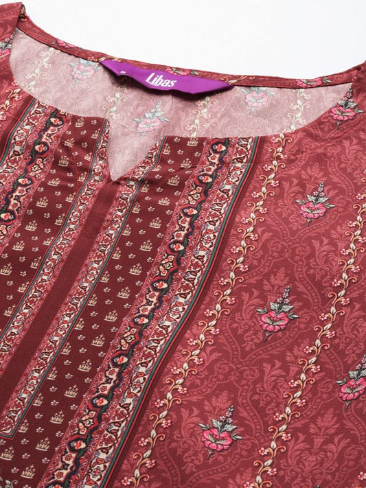 Maroon Printed Poly Crepe Straight Kurta With Trousers & Dupatta