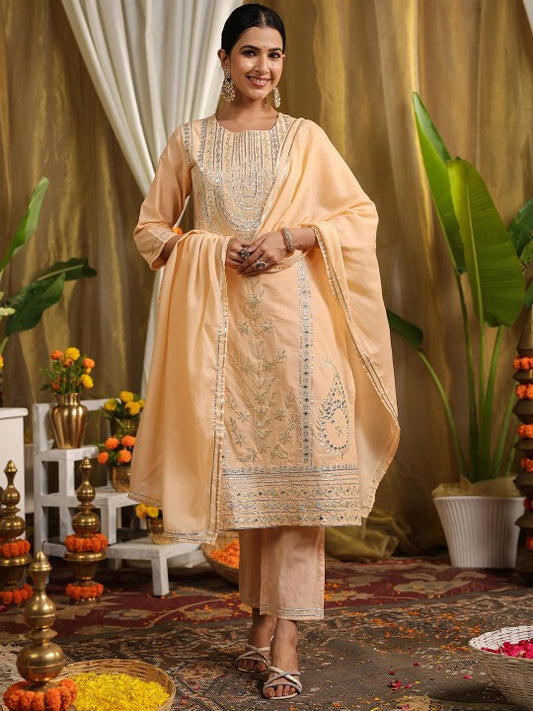 Floral Embroidered Pure Cotton Straight Kurta & Trousers With Dupatta